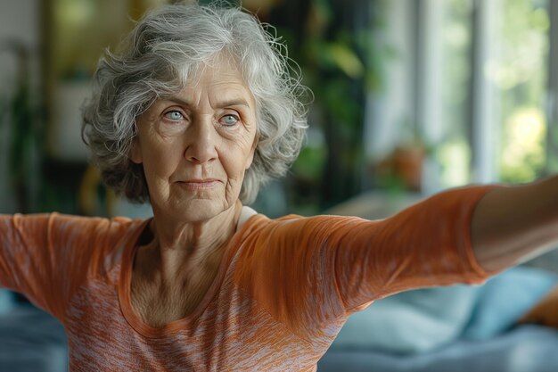 Ältere Frau mit grauen Haaren, die in Innenräumen Yoga macht und einen gesunden Lebensstil fördert