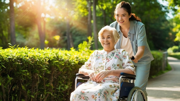 Ältere Frau mit ihrer Pflegeperson im Freien