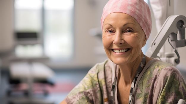 Ältere Frau mit Krebs lächelt und sitzt im Krankenhaus. Erstellt mit generativer KI-Technologie