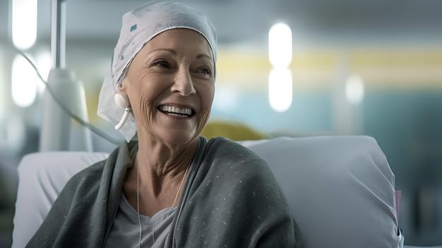 Ältere Frau mit Krebs lächelt und sitzt im Krankenzimmer. Erstellt mit generativer KI-Technologie