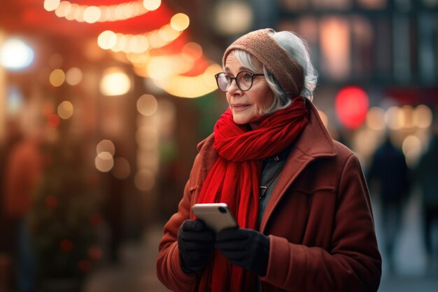 Ältere Frau nutzt Smartphone im Winter