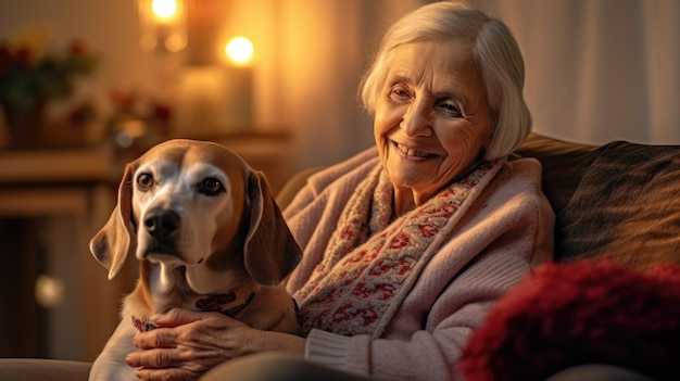 Ältere Frau posiert glücklich mit ihrem Hund