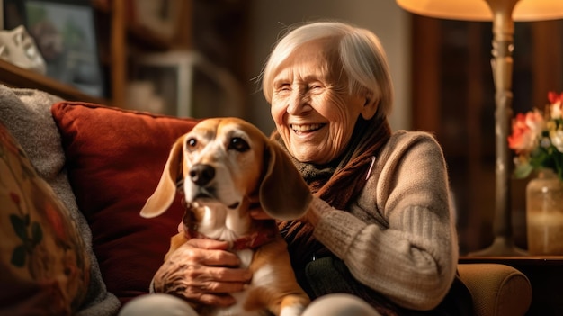 Ältere Frau posiert glücklich mit ihrem Hund