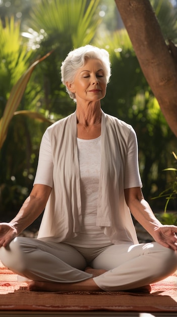 Ältere Frau praktiziert Yoga in einem ruhigen Garten