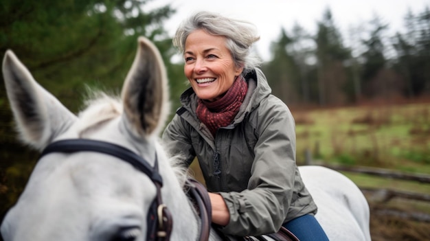 Ältere Frau reitet auf einem Pferd