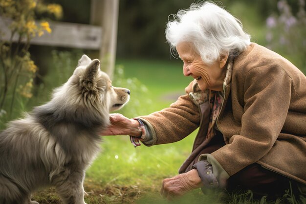 Ältere Frau spielt mit ihrem Hund im Garten