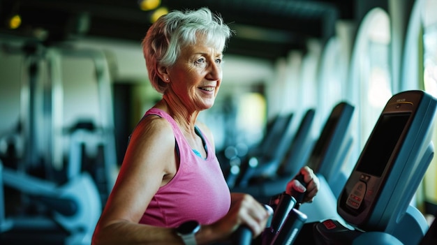 Ältere Frau trainiert auf einer Elliptischen Maschine, ältere Frau im Fitnessstudio