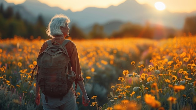 Ältere Frau wandert bei Sonnenuntergang Senior-Rucksackfahrer auf einem Feld von Wildblumen mit Berghintergrund