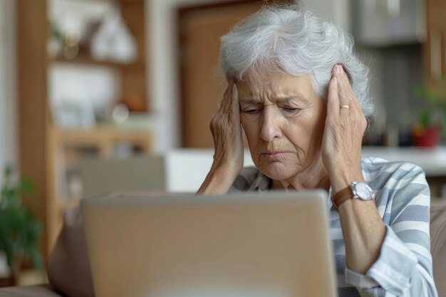 Ältere Frau zu Hause mit computerbezogenen gesundheitlichen Problemen