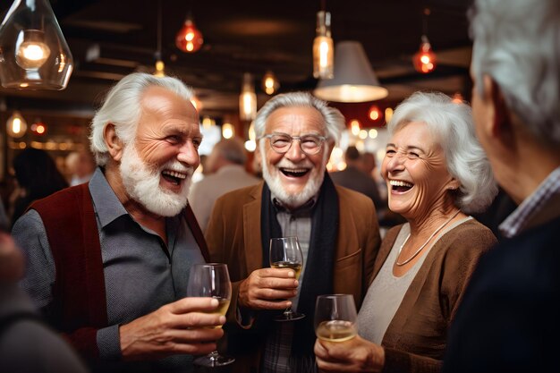 Ältere Freunde lächeln und plaudern, während sie in einer Bar Wein trinken