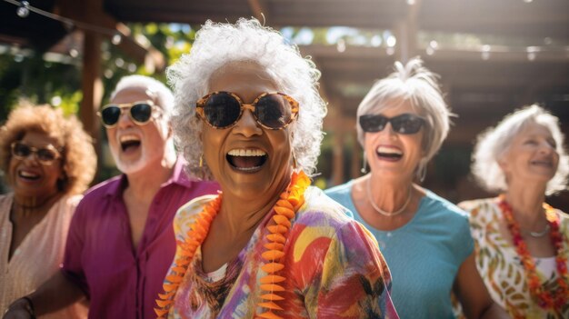 Ältere Freundesgruppe tanzt lustige Geburtstagsaktivität im Altersheim