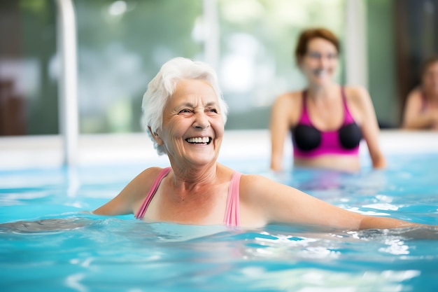 Ältere, glückliche Frauen machen Aqua-Aerobics im Indoor-Pool. Frauen schauen auf den Instruktor.