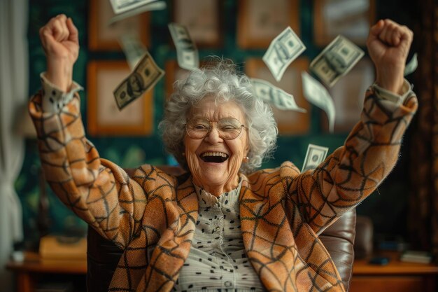 Ältere, grauhaarige Frau, Großmutter, hebe die Hand, Erfolg, Dollar, Geld.