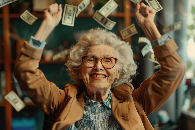 Ältere, grauhaarige Frau, Großmutter, hebe die Hand, Erfolg, Dollar, Geld.