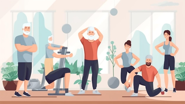 Ältere Gruppe macht Kniebeugen mit Physiotherapeut im Fitnessstudio Ältere Männer und Frauen generative Ai