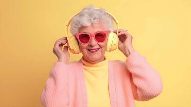 Ältere, gut aussehende, glückliche Frauen hören Musik auf gelbem Hintergrund, Kopierraum. Coole Großmutter mit Kopfhörern, die von KI erzeugte Musik hört