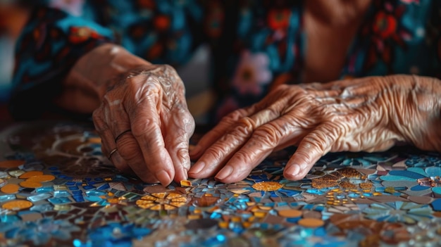 Ältere Hände schaffen ein farbenfrohes Mosaik