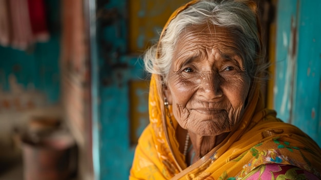 Ältere indische Frau in traditioneller Kleidung mit einem warmen Lächeln