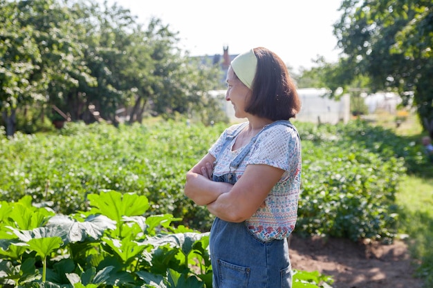 Ältere kaukasische Frau, die im Sommer auf dem Feld arbeitet Rentnerin, Landwirtin, die an der Landwirtschaft arbeitet und echte Menschen pflanzt