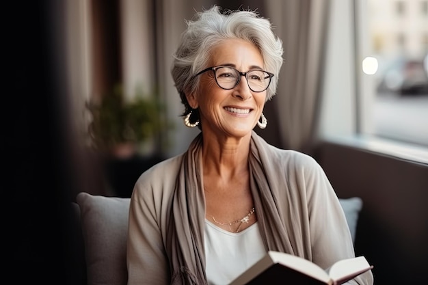 Ältere kaukasische Frau mit Brille, die zu Hause ein Buch liest