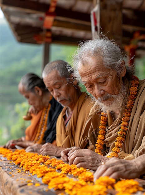 Ältere Männer machen Blumendekorationen für den Festtag Vesak, um Buddha zu feiern