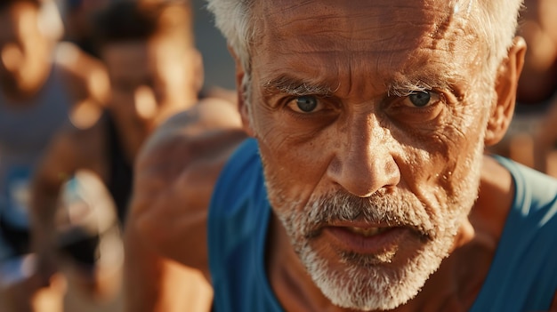 Ältere männliche Läufer haben einen entschlossenen Ausdruck, als er in Richtung der Ziellinie sprintet