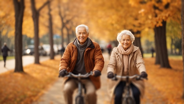 Ältere Menschen fahren im Park Fahrrad