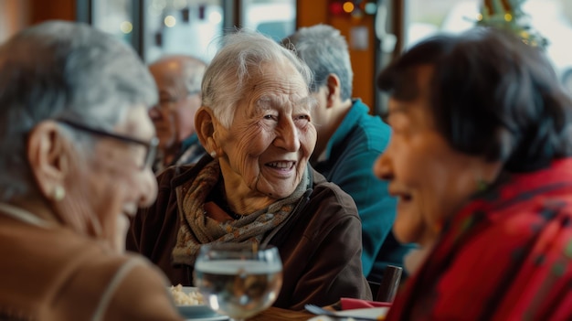 Ältere Menschen genießen die Vitalität durch Gemeinschaftsbeziehungen Eine offene Zusammenkunft bei einer gesunden Mahlzeit