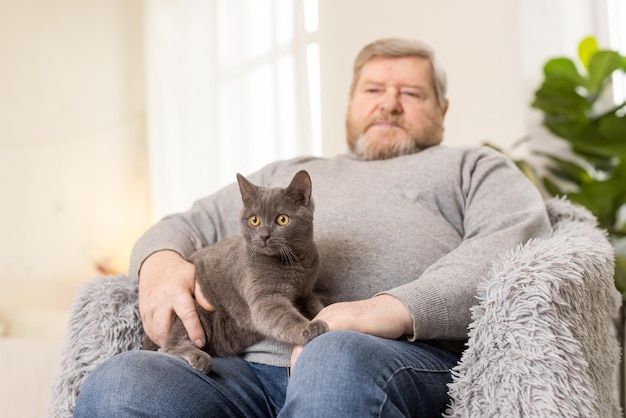 Ältere Menschen kümmern sich um Katzen und genießen sie zu Hause