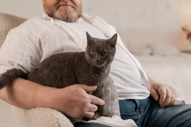 Ältere Menschen kümmern sich um Katzen und genießen sie zu Hause