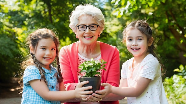 Ältere Person und Kinder halten die Pflanze