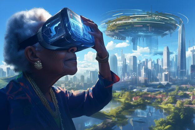 Ältere schwarze Frau mit Virtual-Reality-Headset vor einer futuristischen Stadt
