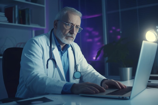 Älterer Arzt arbeitet am Laptop Person Chirurg Pflege Arzt Porträt Generieren Sie Ai