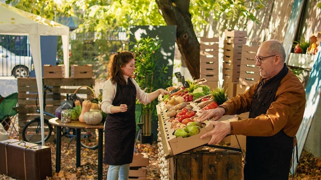 Älterer Bauer und junger Verkäufer arrangieren bunte Produkte auf der Bauernmarkttheke und bereiten sich auf den Verkauf von selbst angebautem Obst und Gemüse vor. Ein Team von Verkäufern, die frische saisonale Öko-Produkte verkaufen.