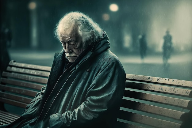 Älterer einsamer trauriger Mann sitzt abends im Regen auf einer Parkbank Generative KI