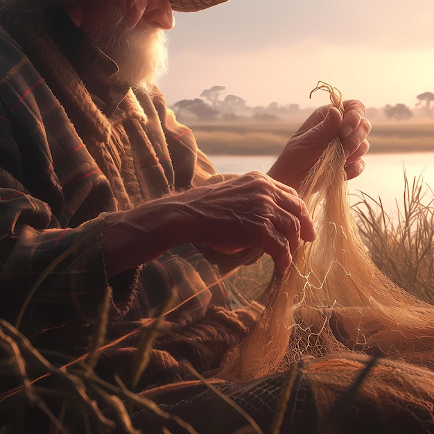 Älterer Fischer in der Dämmerung mit Muscheln und Netzen