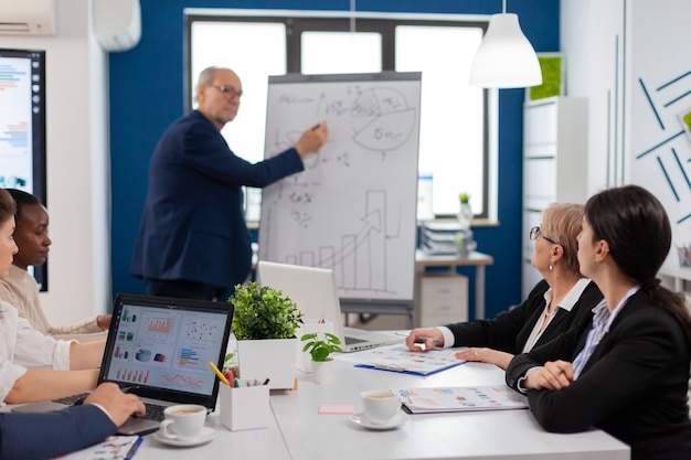 Älterer Geschäftsmann, der einem multiethnischen Team von Kollegen mit Flipchart eine Präsentation hält