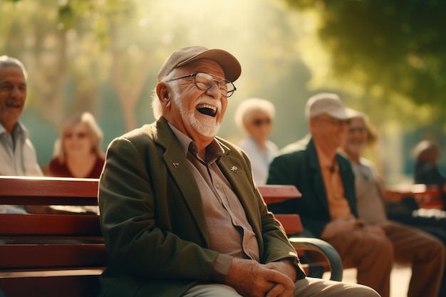 Älterer Herr lacht mit Freunden bei einem generativen Ai