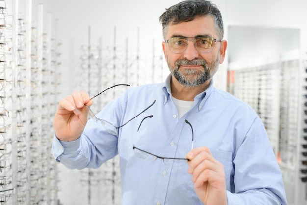 Älterer männlicher Kunde, zum einer Brille zu wählen