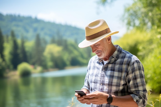 Älterer männlicher Tourist blickt tagsüber auf die Karte auf dem Smartphone am Seeufer