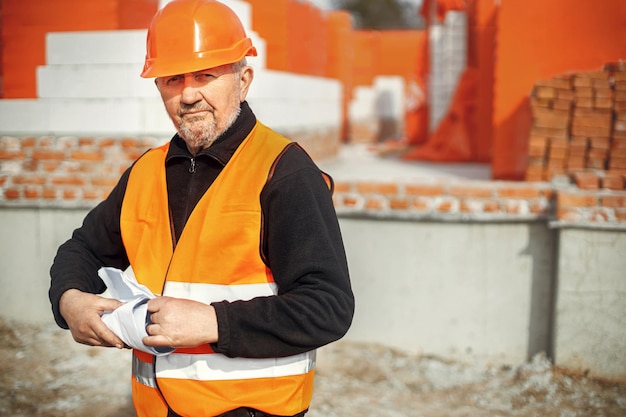 Älterer männlicher Vorarbeiter in Hardhat, der mit Blaupausen beim Bau eines neuen modernen Hauses steht Porträt eines Ingenieurs oder Bauarbeiters mit Plänen auf der Baustelle Kopierbereich