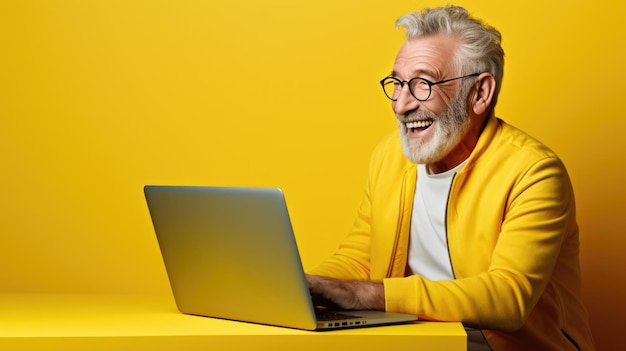 Älterer Mann arbeitet an einem Laptop auf einem gelben Hintergrund