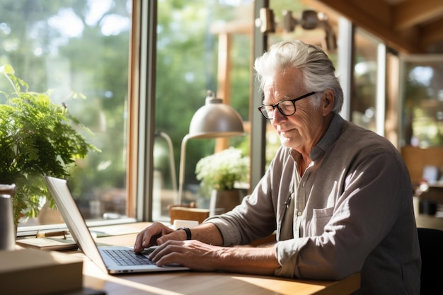 Älterer Mann arbeitet an einem Laptop in einer natürlichen Umgebung. Generative KI