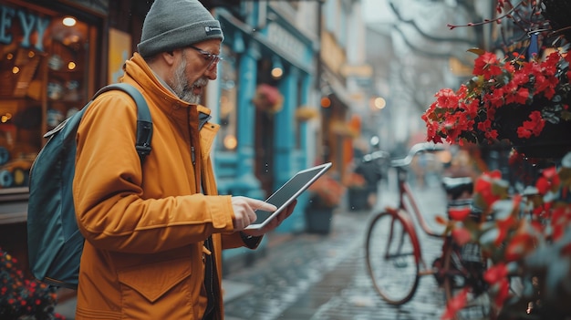 Älterer Mann benutzt ein Tablet auf einer Stadtstraße mit einem Fahrrad