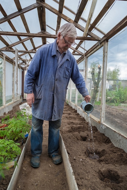 Älterer Mann, der im Garten arbeitet