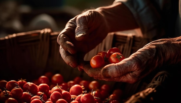 Älterer Mann hält reife Tomaten aus einem von KI erzeugten Gemüsegarten