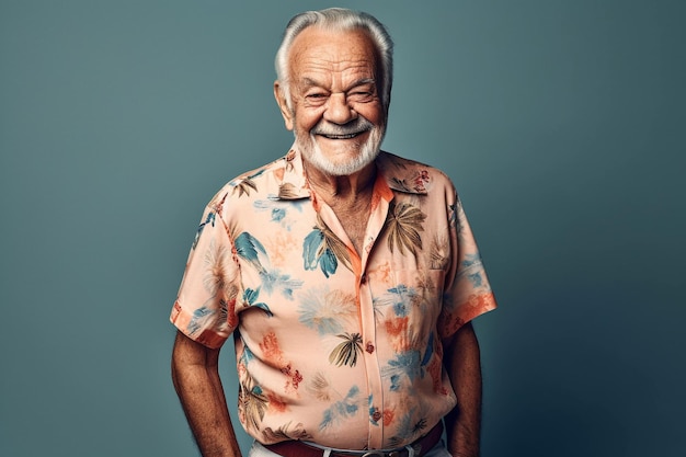 Älterer Mann in einem geblümten Hemd, der vor blauem Hintergrund lächelt Generative KI
