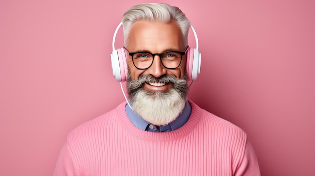 Älterer Mann in einem leuchtend rosa Pullover, der in Kopfhörern laute Musik hört