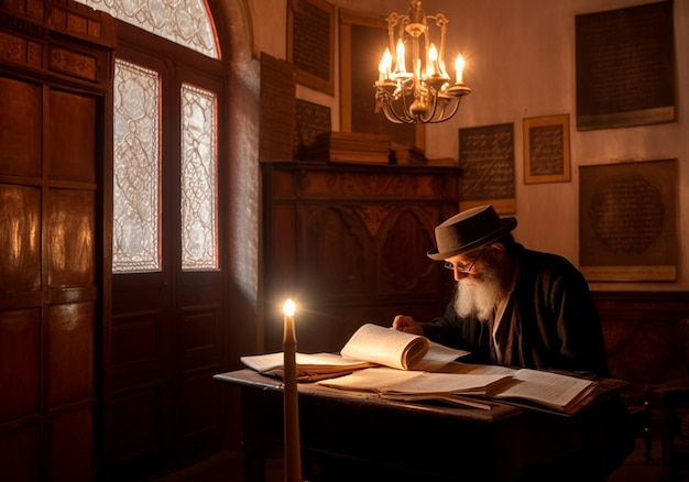 Älterer Mann liest heilige Texte des Judentums, beleuchtet von einer von KI generierten Kerze