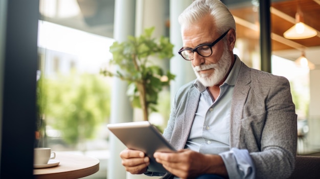 Älterer Mann liest Nachrichten auf einem Tablet